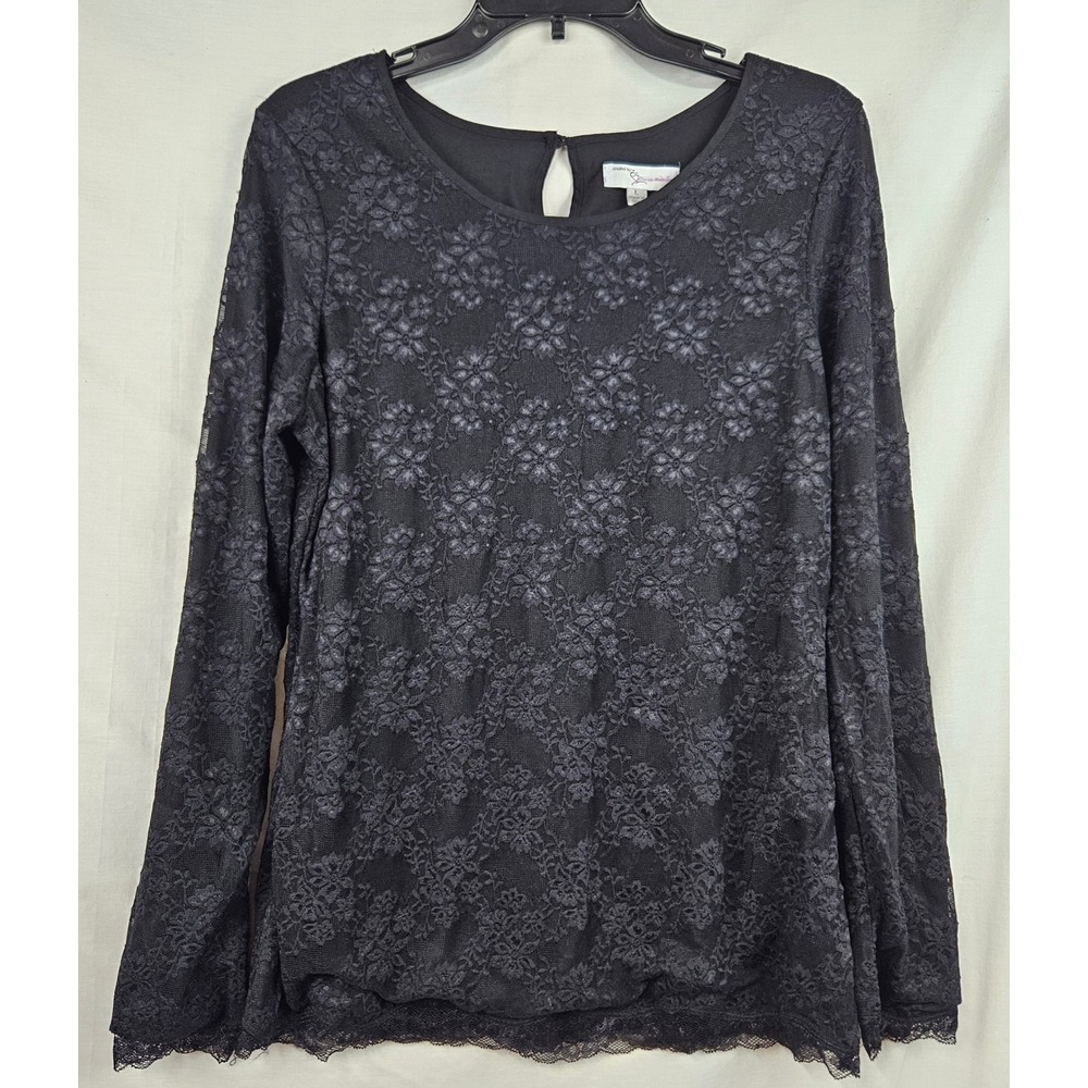 Divine Modestee Black Floral Lace Long Sleeve Keyhole Back Blouse Lg Fairy